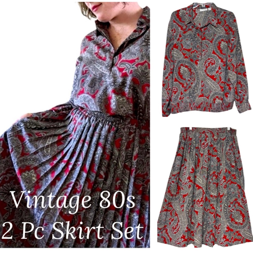 Vintage Skirt Set 80s 90s Paisley Floral Blouse Gray Red Tan Cream Size Large XL